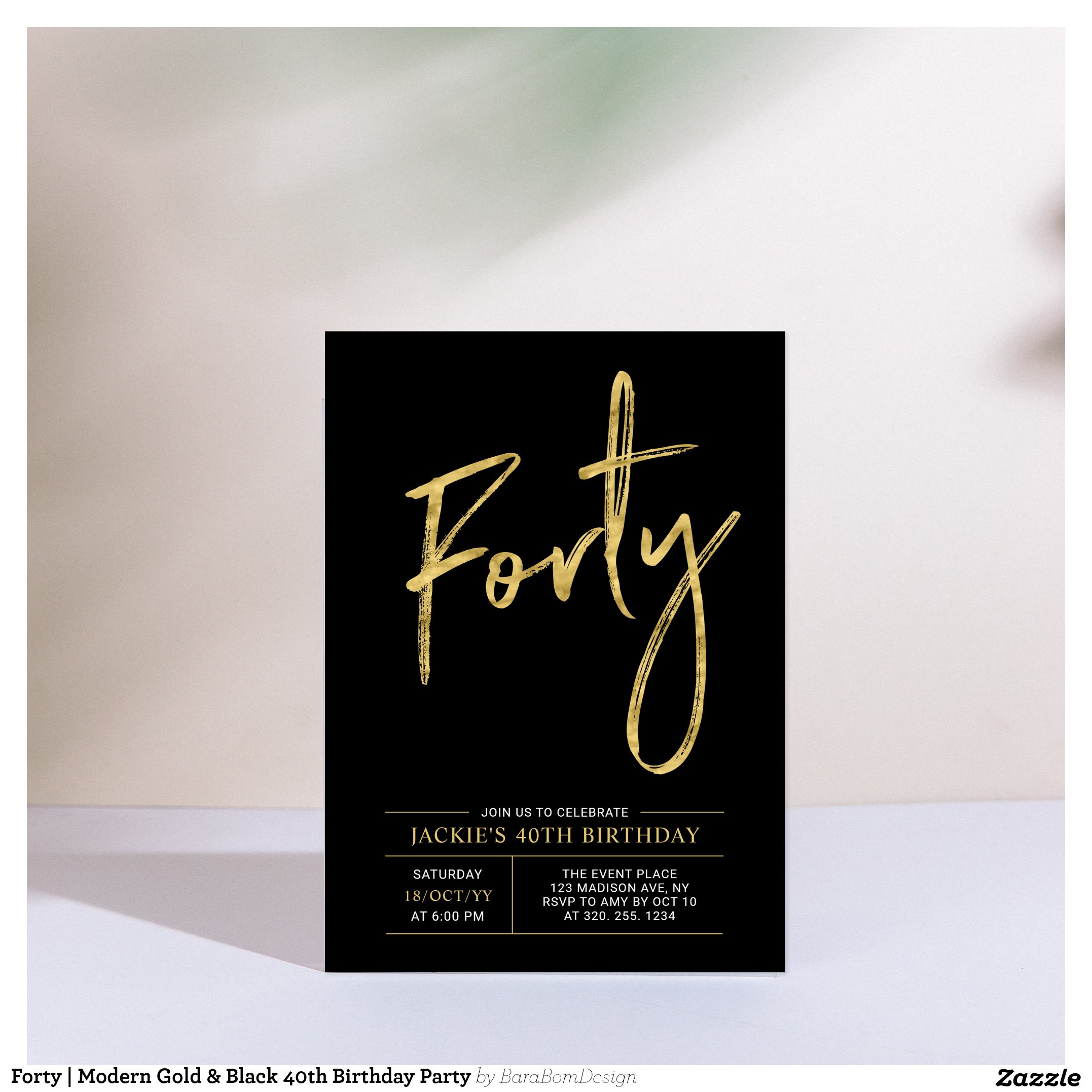 Forty   Modern Gold & Black 40th Birthday Party Invitation