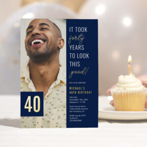 Forty Photo Blue & Gold 40th Birthday Party Real Foil Invitation