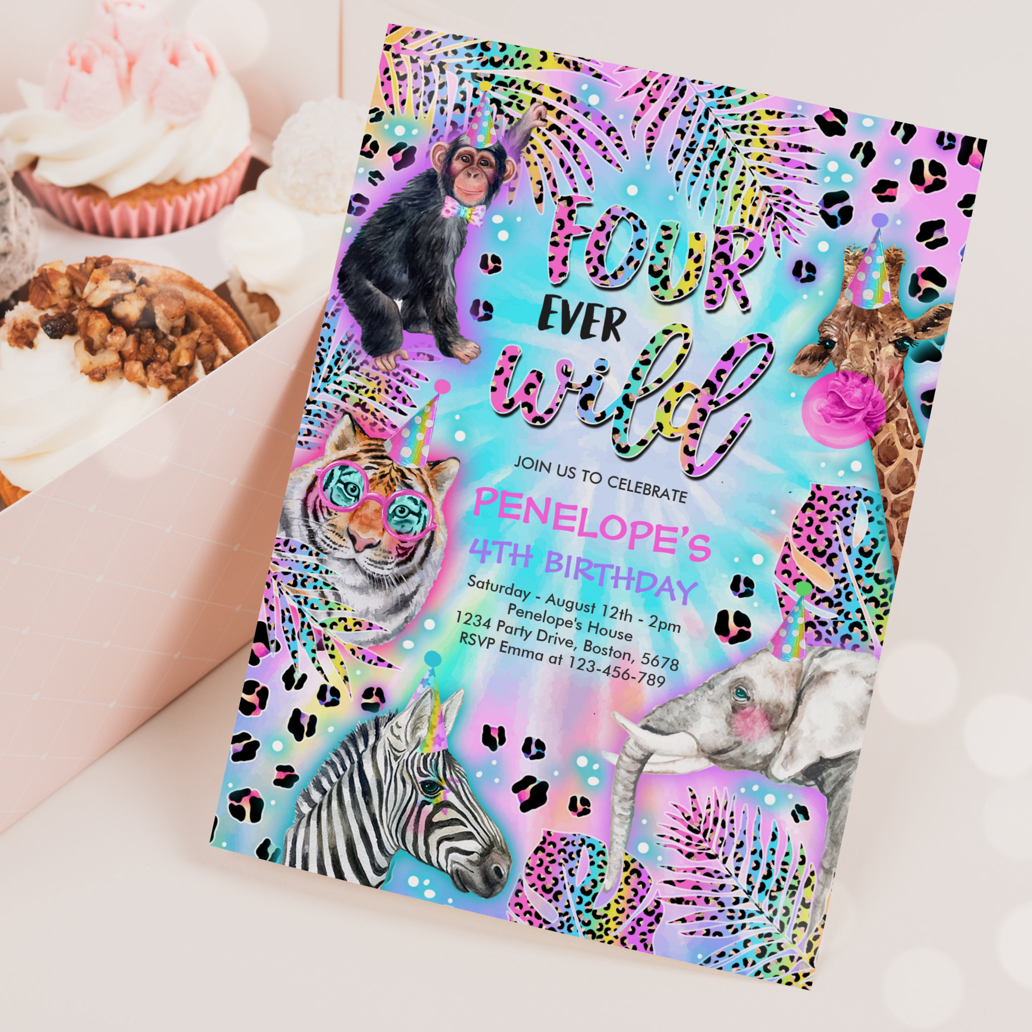 Four Ever Wild Safari Neon Cheetah Birthday Party Invitation