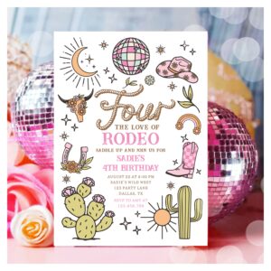 Four the Love of Rodeo Disco Cowgirl Birthday Invitation