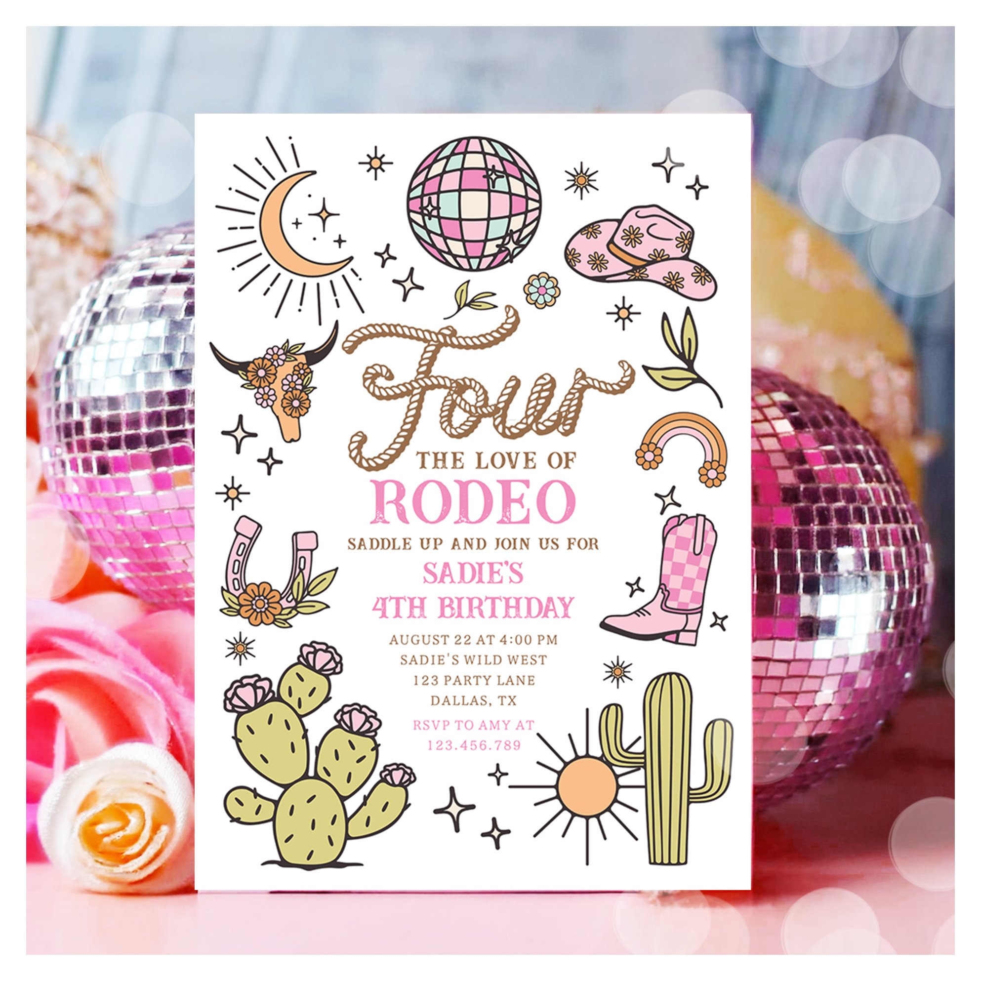 Four the Love of Rodeo Disco Cowgirl Birthday Invitation