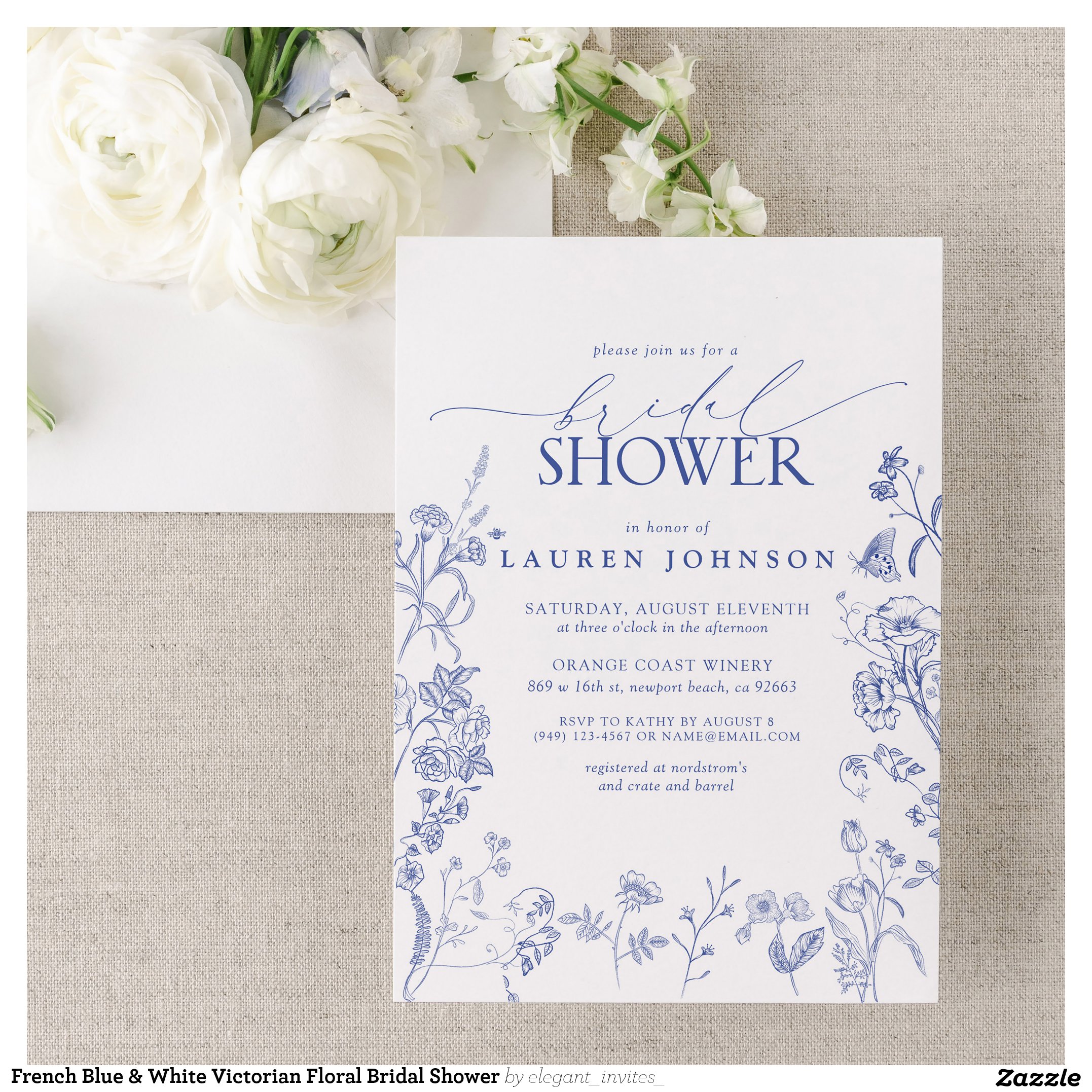 French Blue & White Victorian Floral Bridal Shower Invitation