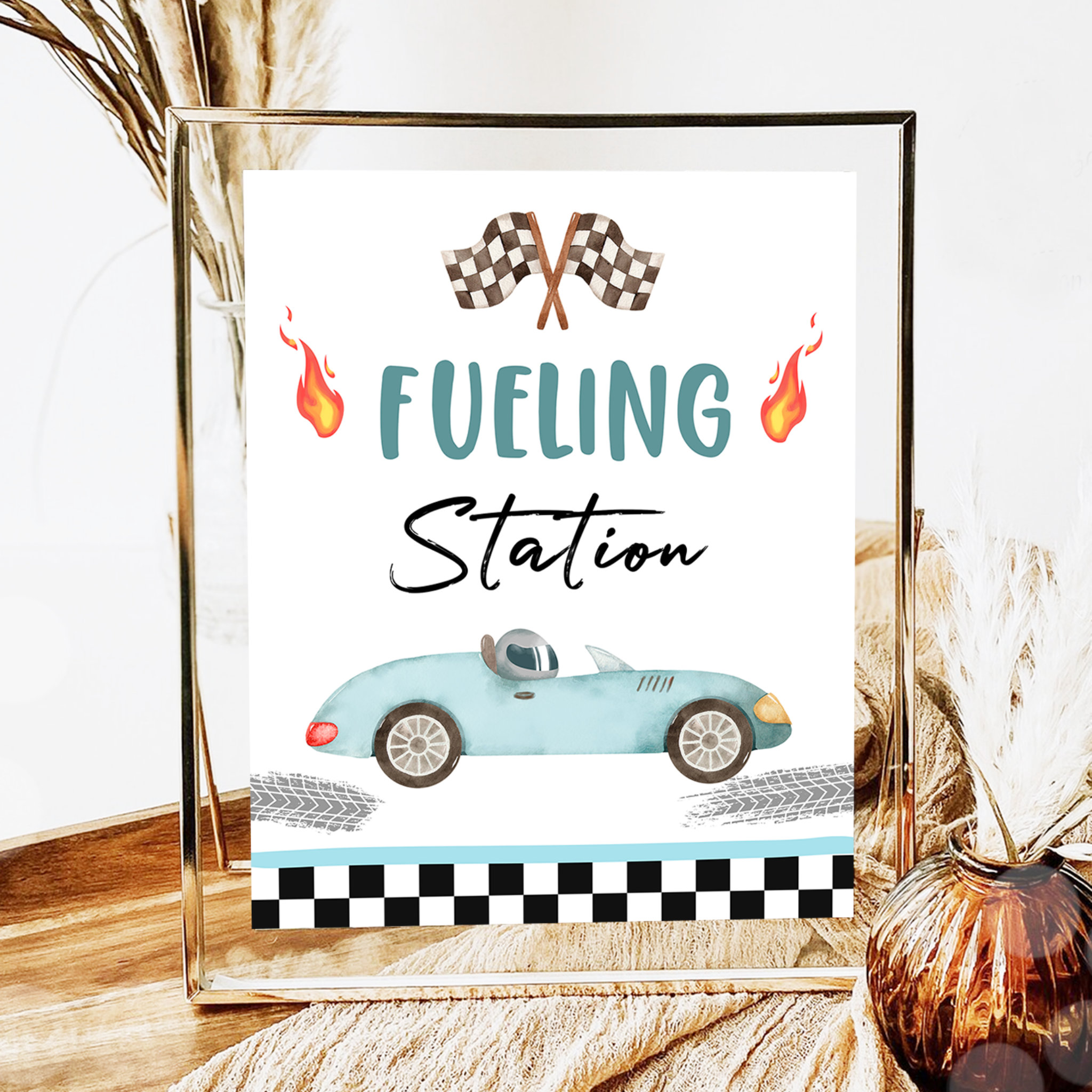 Fueling Station Blue Race Car Two Fast Birthday Poster