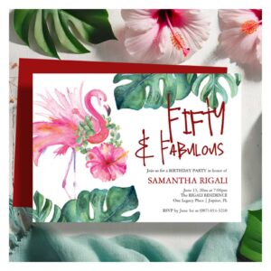 Fun 50th Birthday Invitation Tropical Flamingo