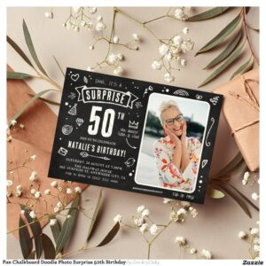 Fun Chalkboard Doodle Photo Surprise 50th Birthday Invitation