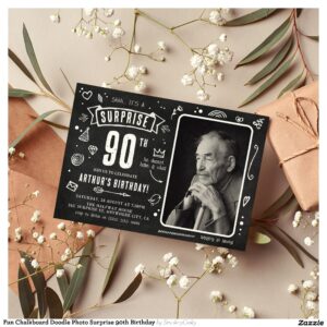 Fun Chalkboard Doodle Photo Surprise 90th Birthday Invitation