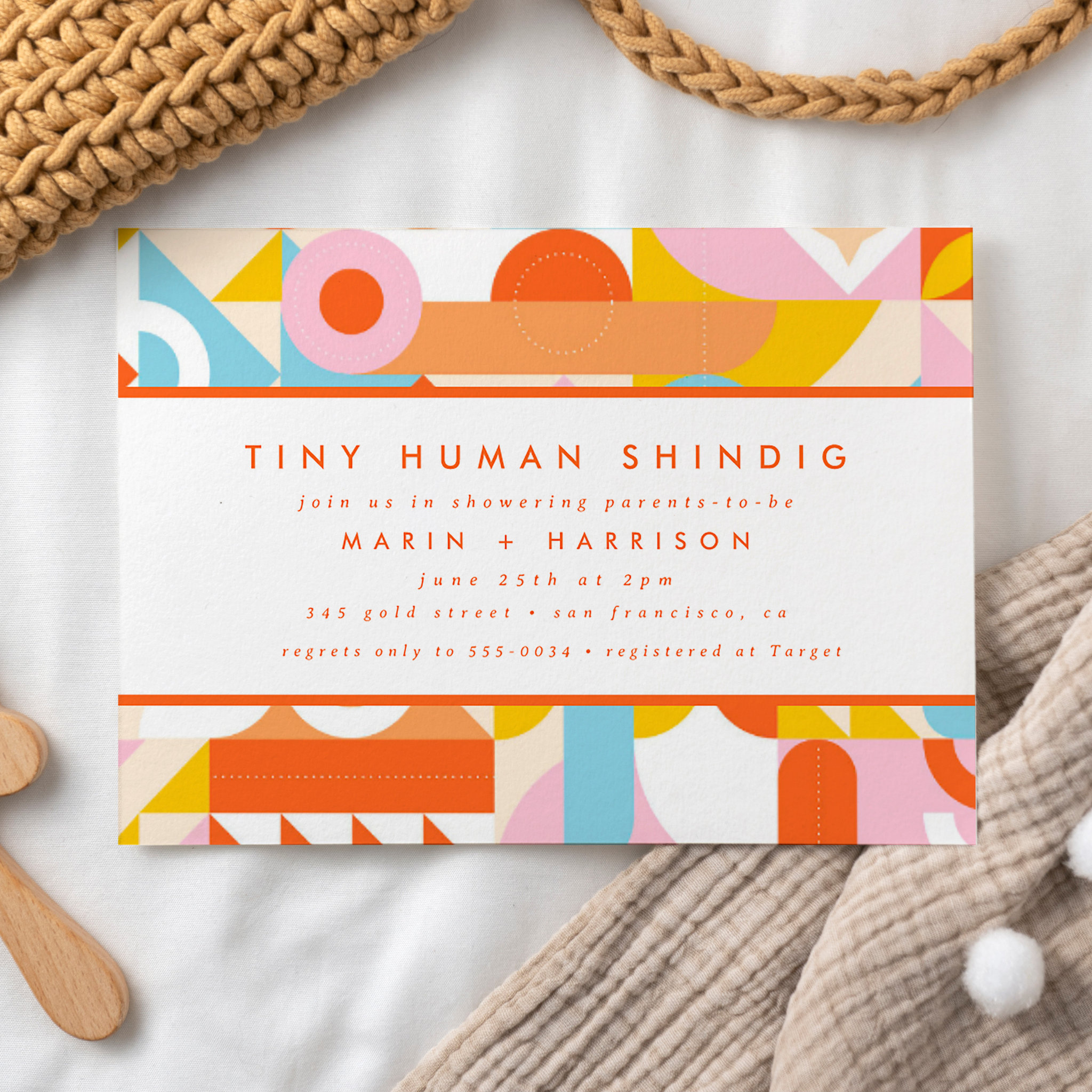 Funky Modern Orange Tiny Human Shindig Baby Shower Invitation