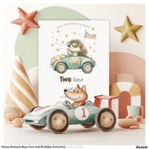 Funny Animals Race Cars 2nd Birthday Invitation