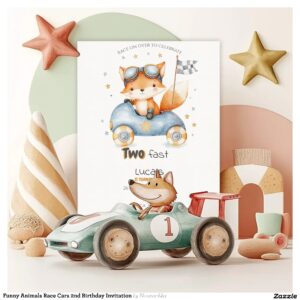 Funny Animals Race Cars 2nd Birthday Invitation