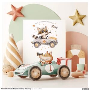 Funny Animals Race Cars 2nd Birthday Invitation