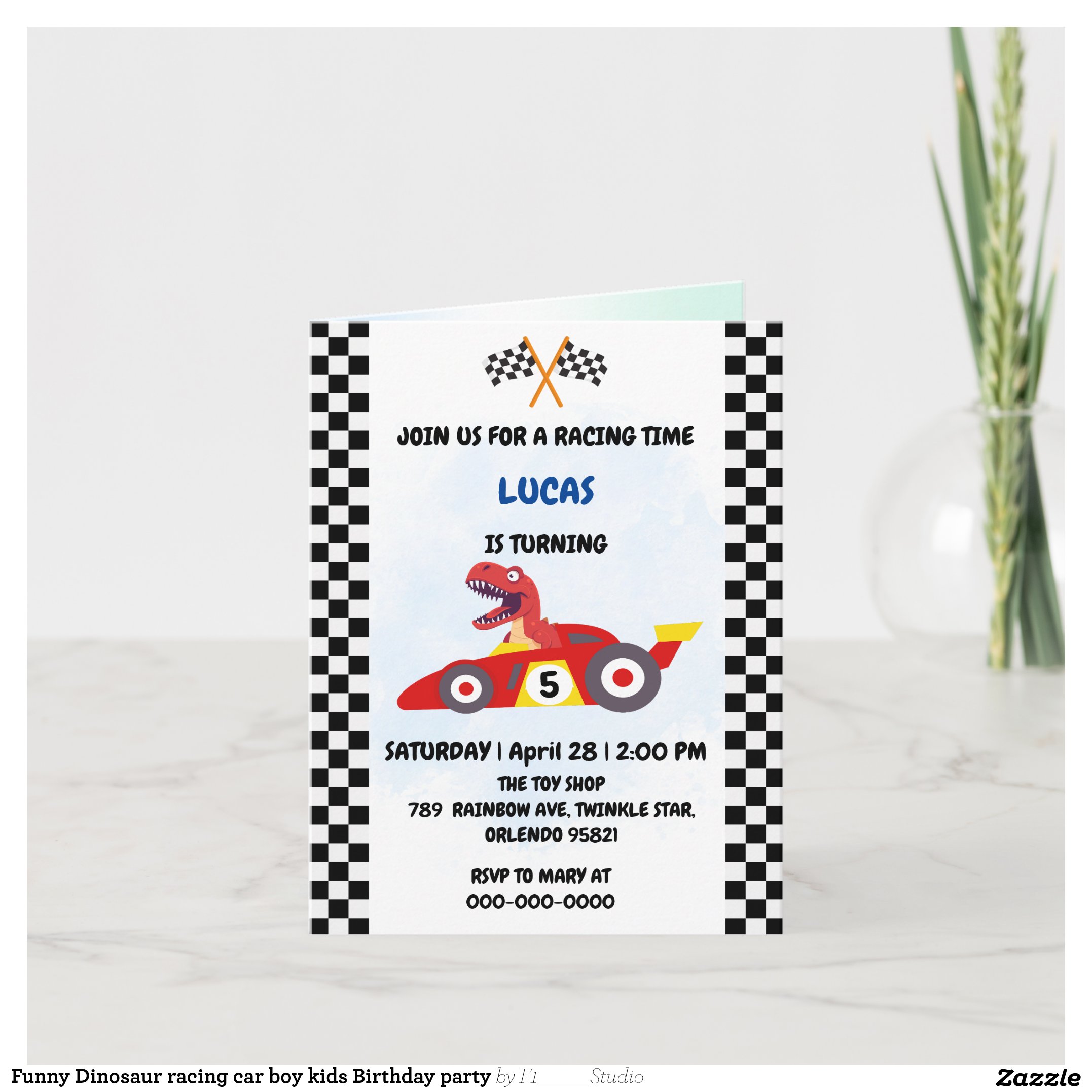 Funny Dinosaur racing car boy kids Birthday party Invitation