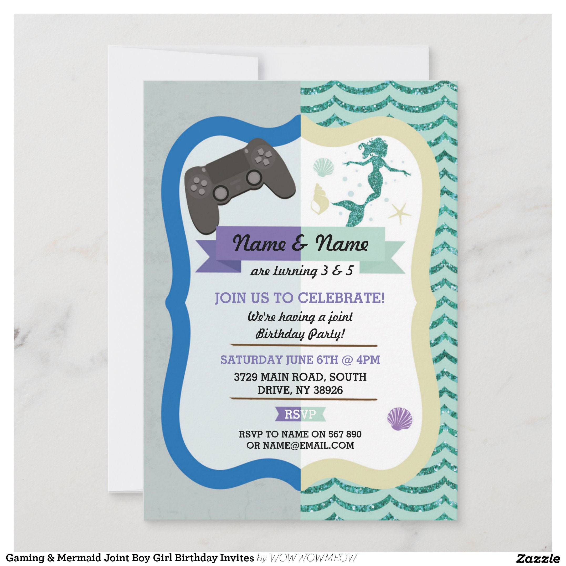 Gaming & Mermaid Joint Boy Girl Birthday Invites