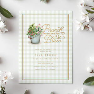 Garden Gingham Sage Gold Bridal Shower Brunch Invitation