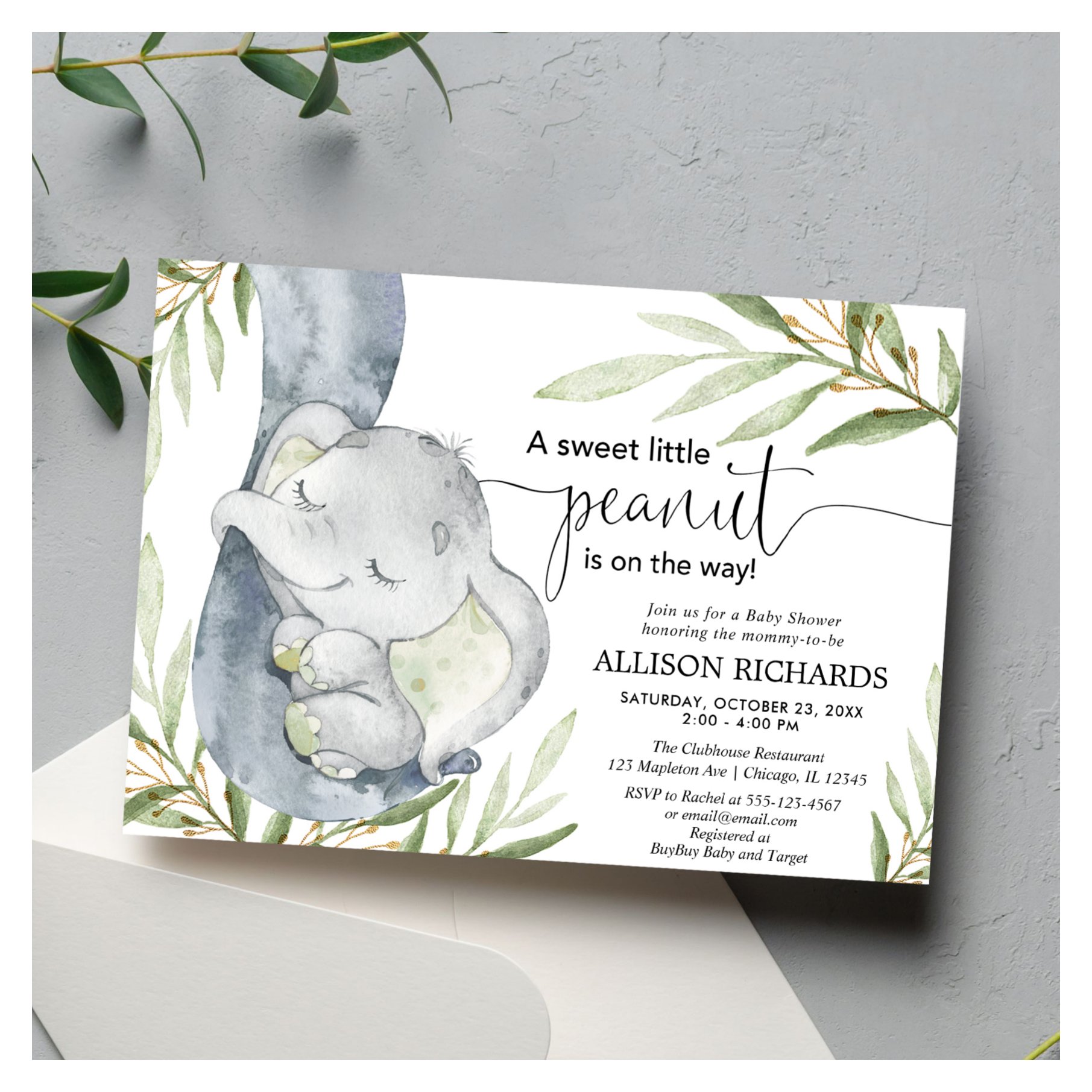 Gender neutral baby shower, elephant greenery gold invitation