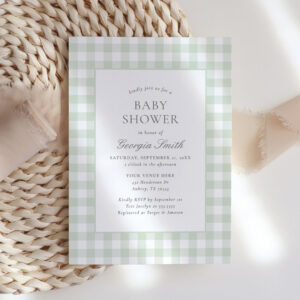 Gender Neutral Sage Green Gingham Baby Shower Invitation