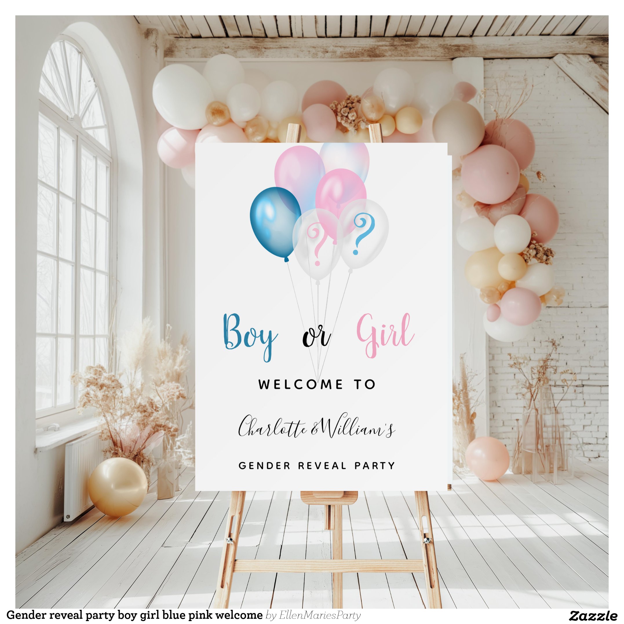 Gender reveal party boy girl blue pink welcome foam board