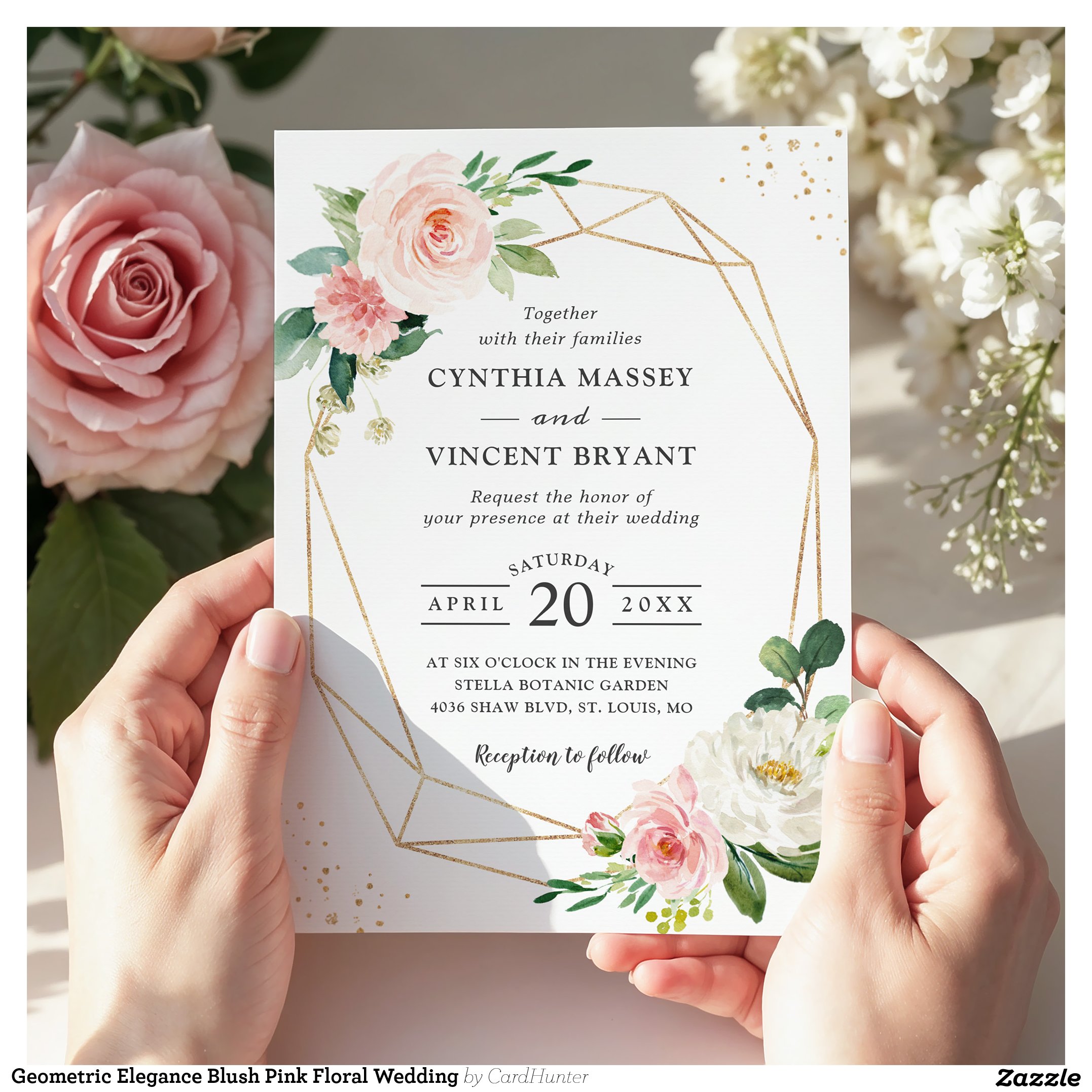 Geometric Elegance Blush Pink Floral Wedding Invitation