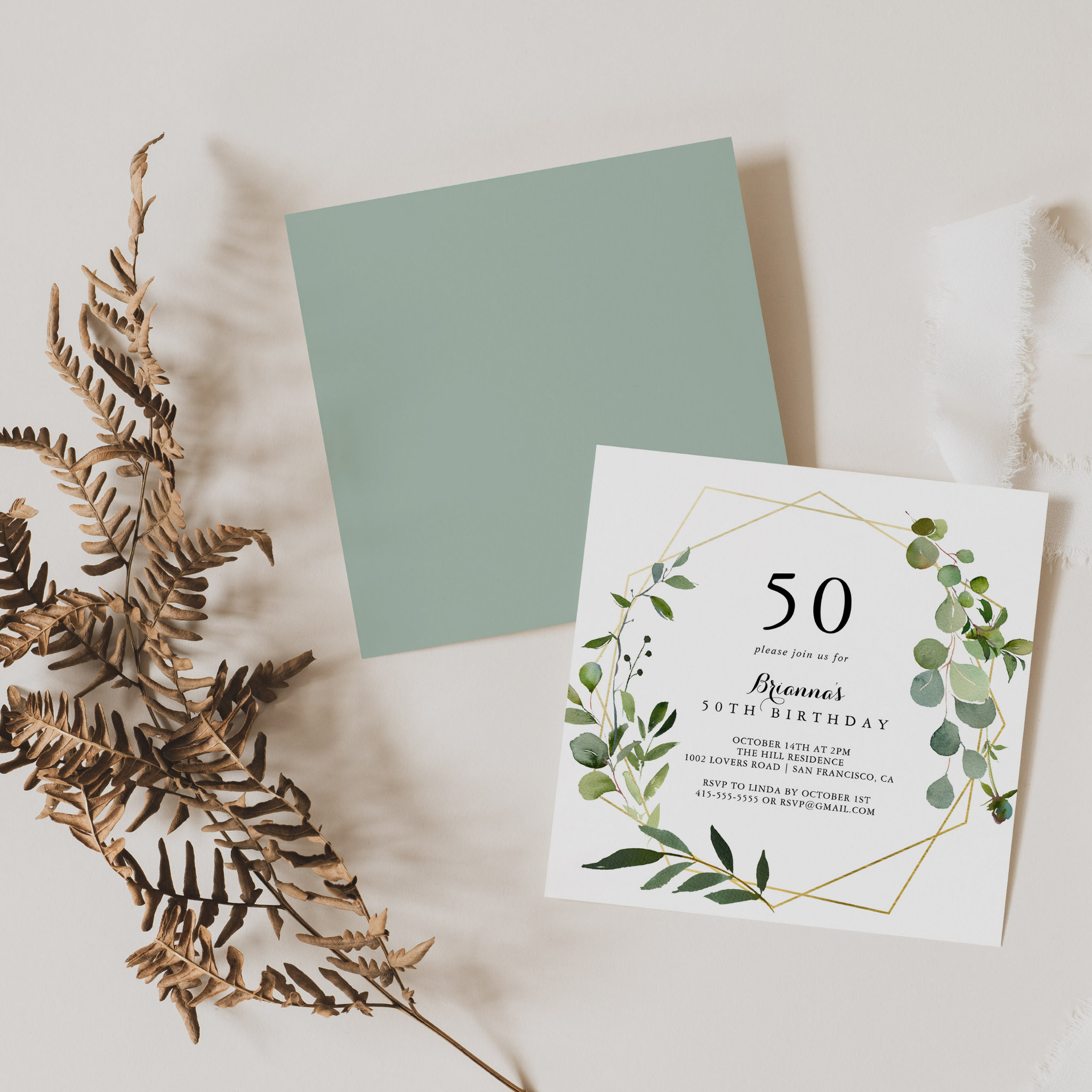 Geometric Gold Tropical Green 50th Birthday Party Invitation
