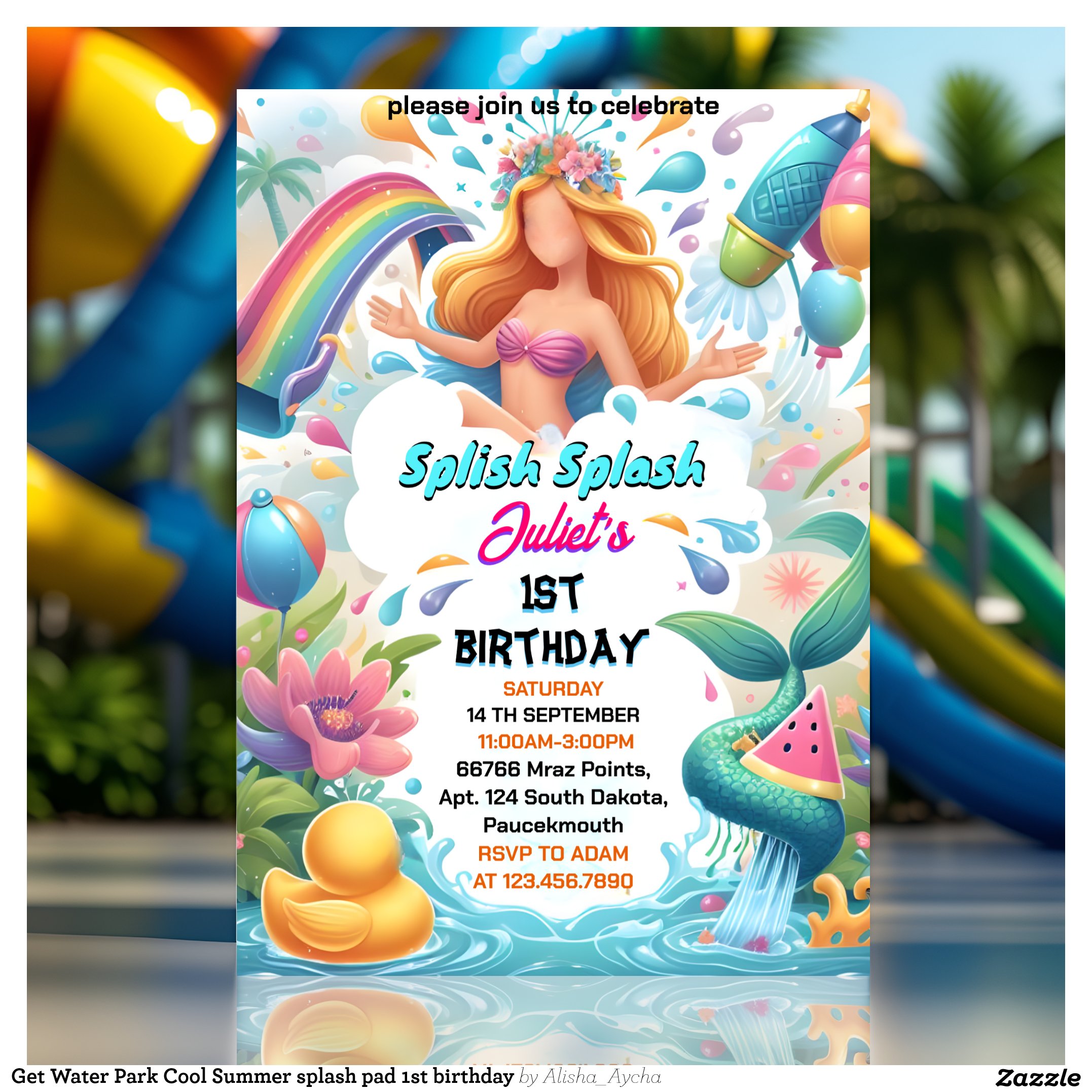 Get Water Park Cool Summer splash pad 1st birthday Invitation