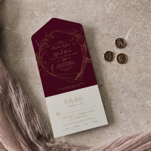 Gilded Floral Burgundy and Gold Wedding All In One Invitation