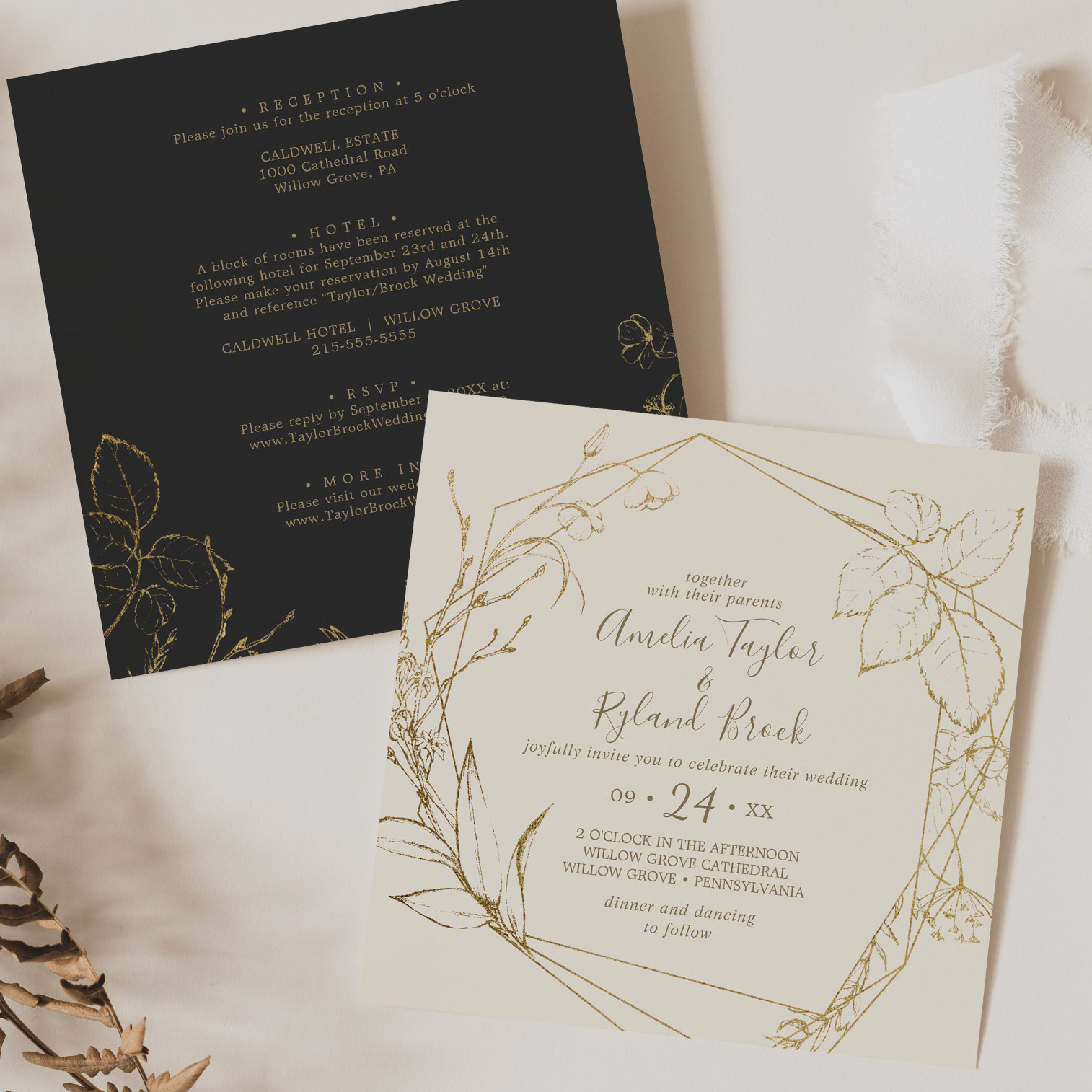 Gilded Floral   Cream and Gold All In One Wedding Invitation