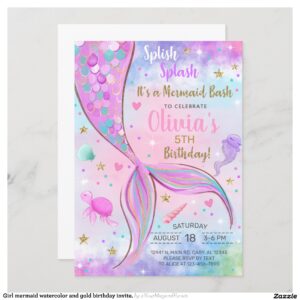 Girl mermaid watercolor and gold birthday invite. invitation