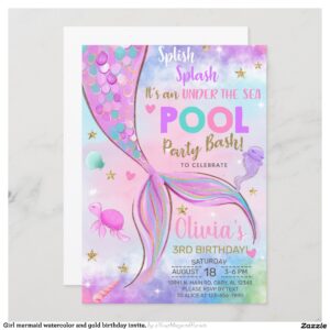 Girl mermaid watercolor and gold birthday invite. invitation