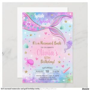 Girl mermaid watercolor and gold birthday invite. invitation