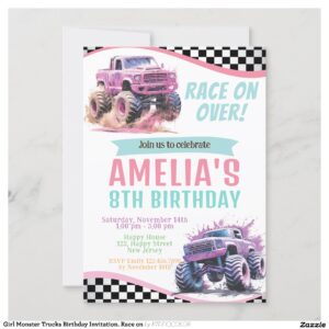 Girl Monster Trucks Birthday Invitation. Race on Invitation