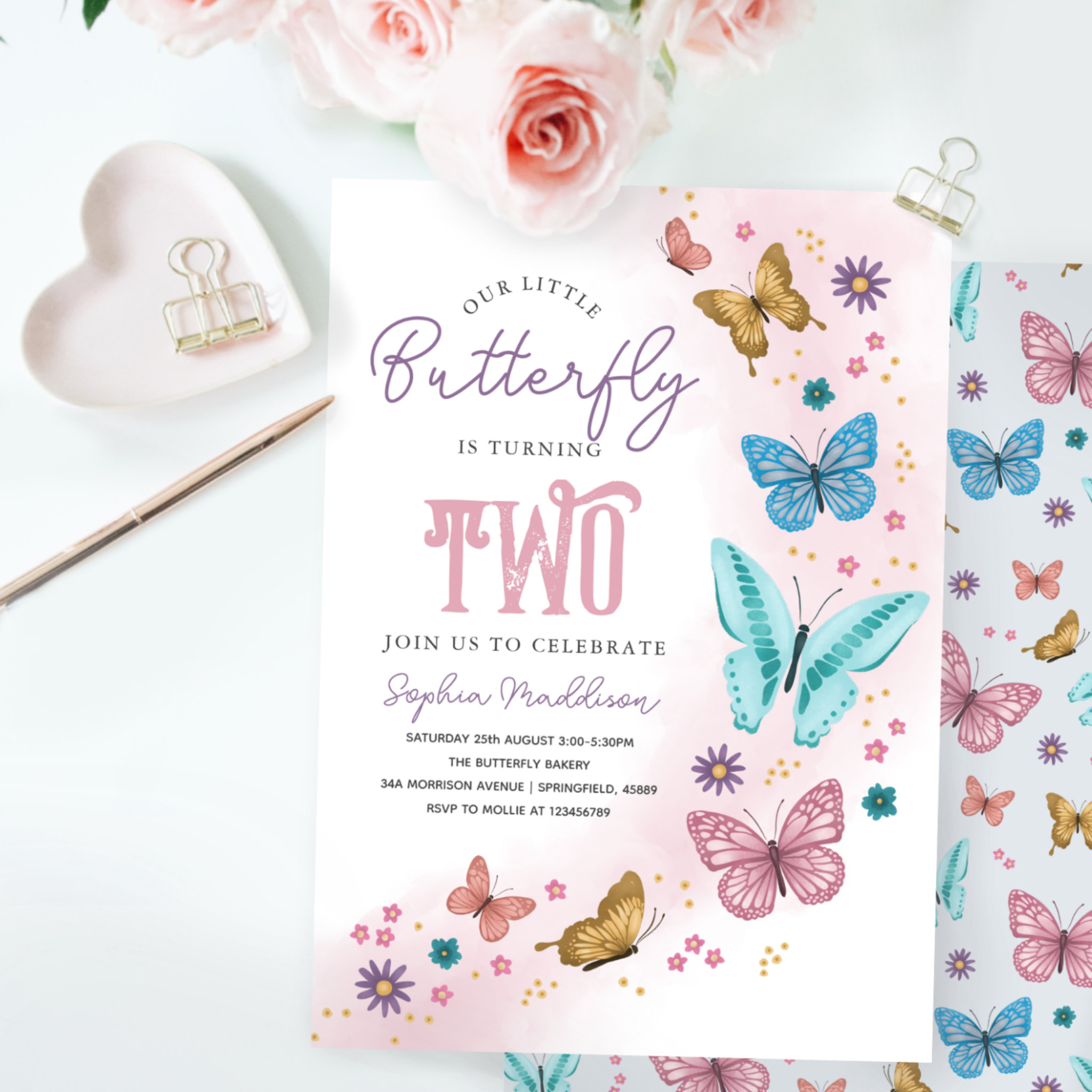 Girls Cute Pink Purple Butterfly Kids 2nd Birthday Invitation