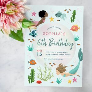 Girls Cute Under the Sea Mermaid 6th Birthday Invitation