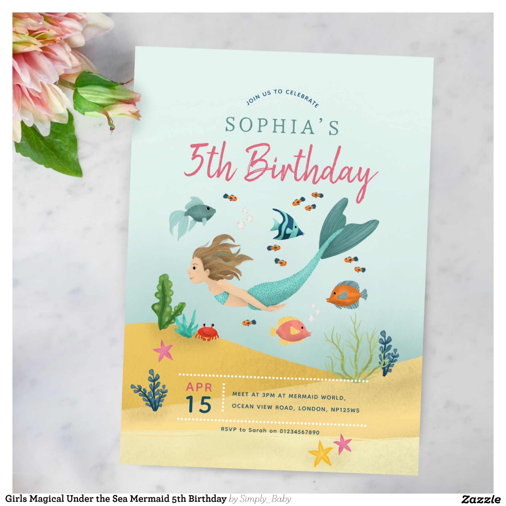 Girls Magical Under the Sea Mermaid 5th Birthday Invitation