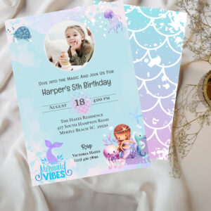 Girls Mermaid Photo Under the Sea 5th Birthday    Invitation