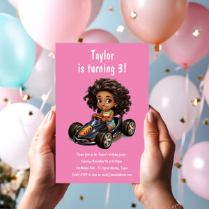 Girls Race Car Kids Birthday Party Invitation