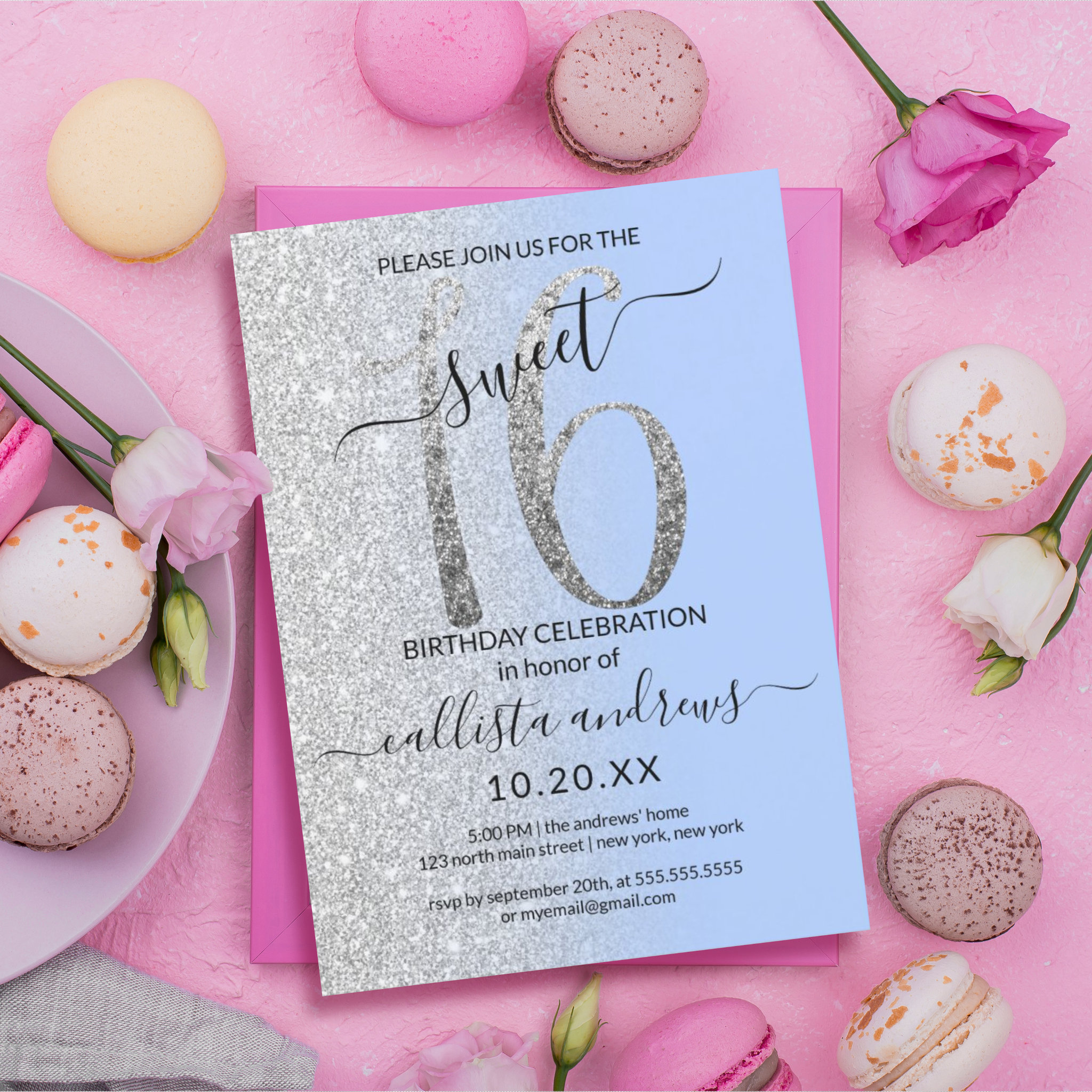 Girly Modern Blue Silver Glitter Ombre Sweet 16 Invitation