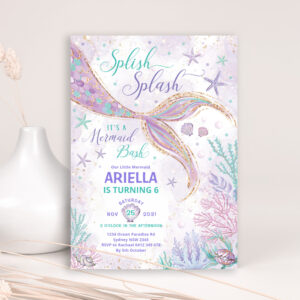 Girly Splish Splash Mermaid Birthday Bash Party Invitation