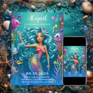 Glamorous Whimsical Mermaid Under the Sea Birthday Invitation