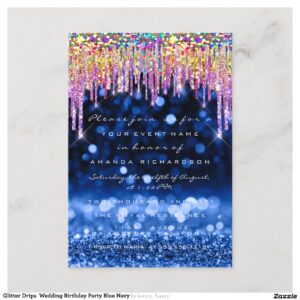 Glitter Drips  Wedding Birthday Party Blue Navy Invitation