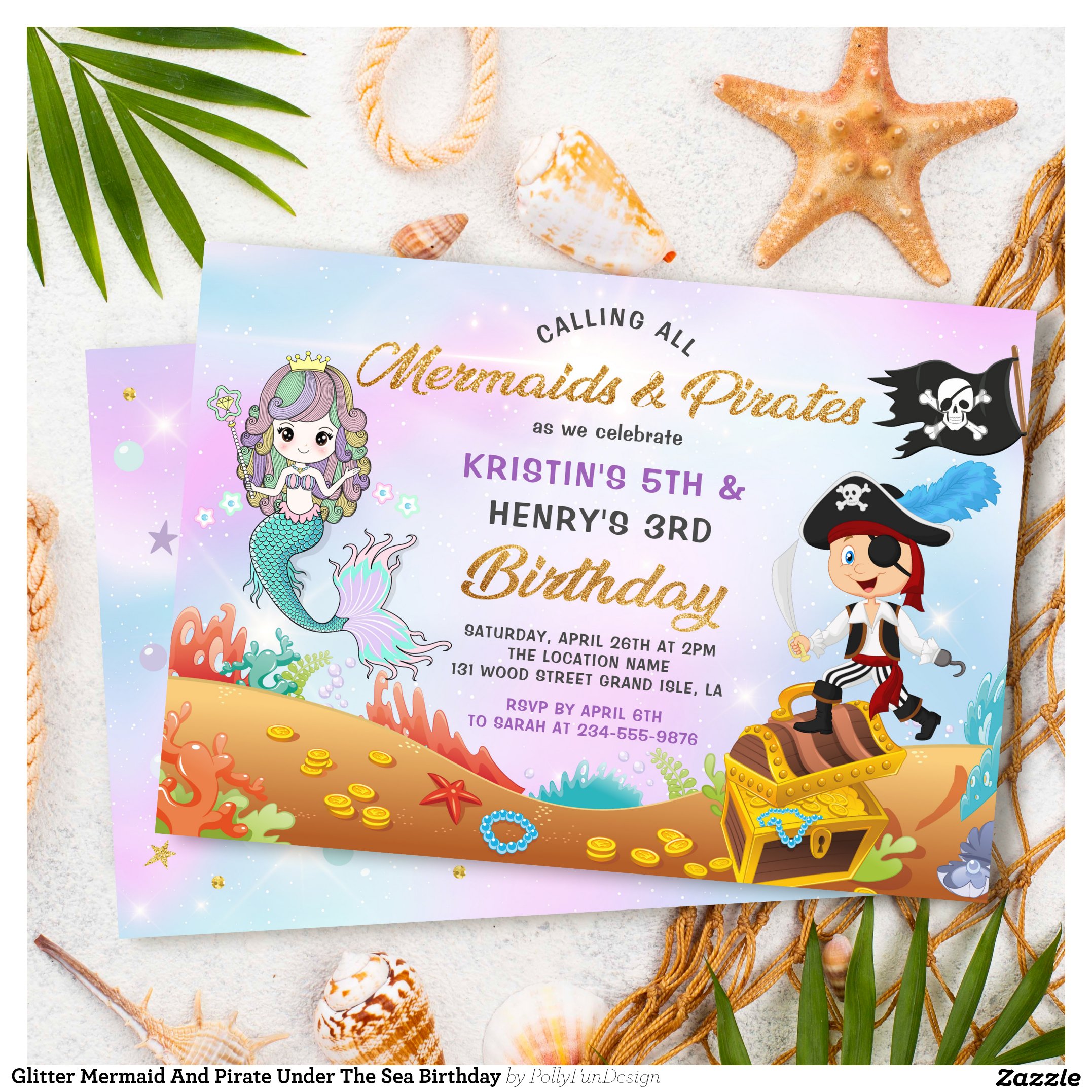 Glitter Mermaid And Pirate Under The Sea Birthday Invitation
