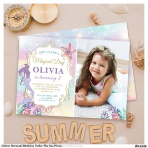 Glitter Mermaid Birthday Under The Sea Photo Invitation