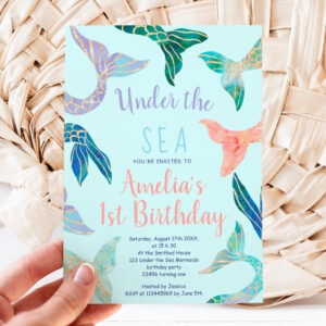 Glitter mermaid gold glitter blue 1st birthday invitation