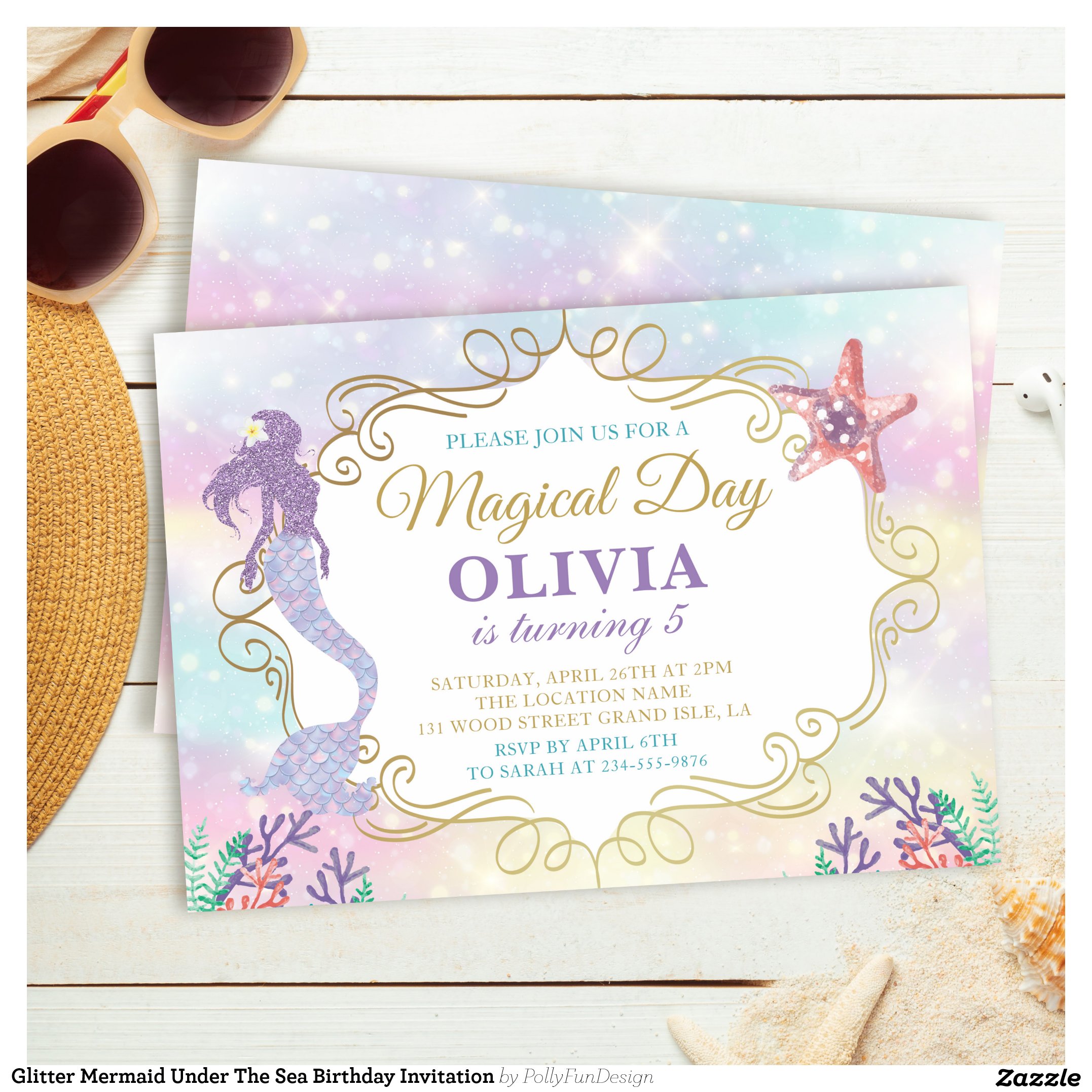 Glitter Mermaid Under The Sea Birthday Invitation