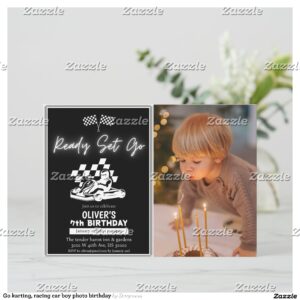 Go karting, racing car boy photo birthday invitation