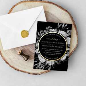 Gold Black and White Watercolor Floral Wedding Foil Invitation