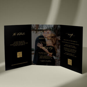 Gold black photo wedding RSVP details QR code Tri-Fold Invitation