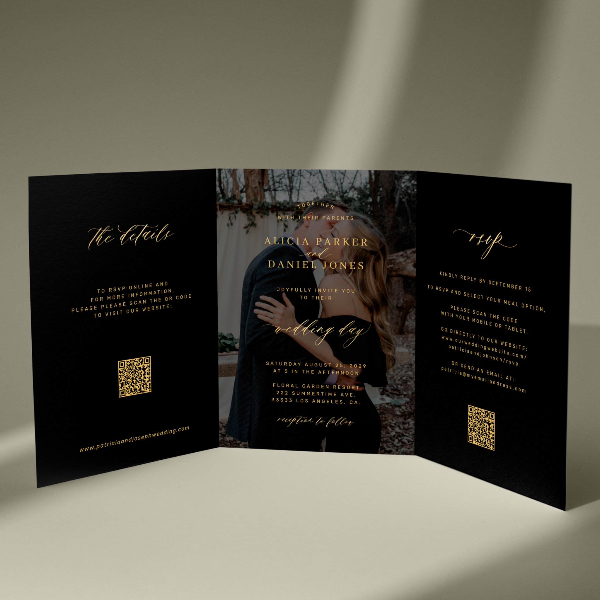 Gold black photo wedding RSVP details QR code  Tri-Fold Invitation