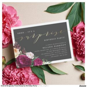 Gold & Burgundy Floral Surprise Birthday Party Invitation