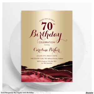 Gold Burgundy Red Agate 70th Birthday Invitation
