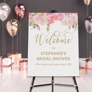 Gold Calligraphy Floral Pink Bridal Shower Welcome Foam Board