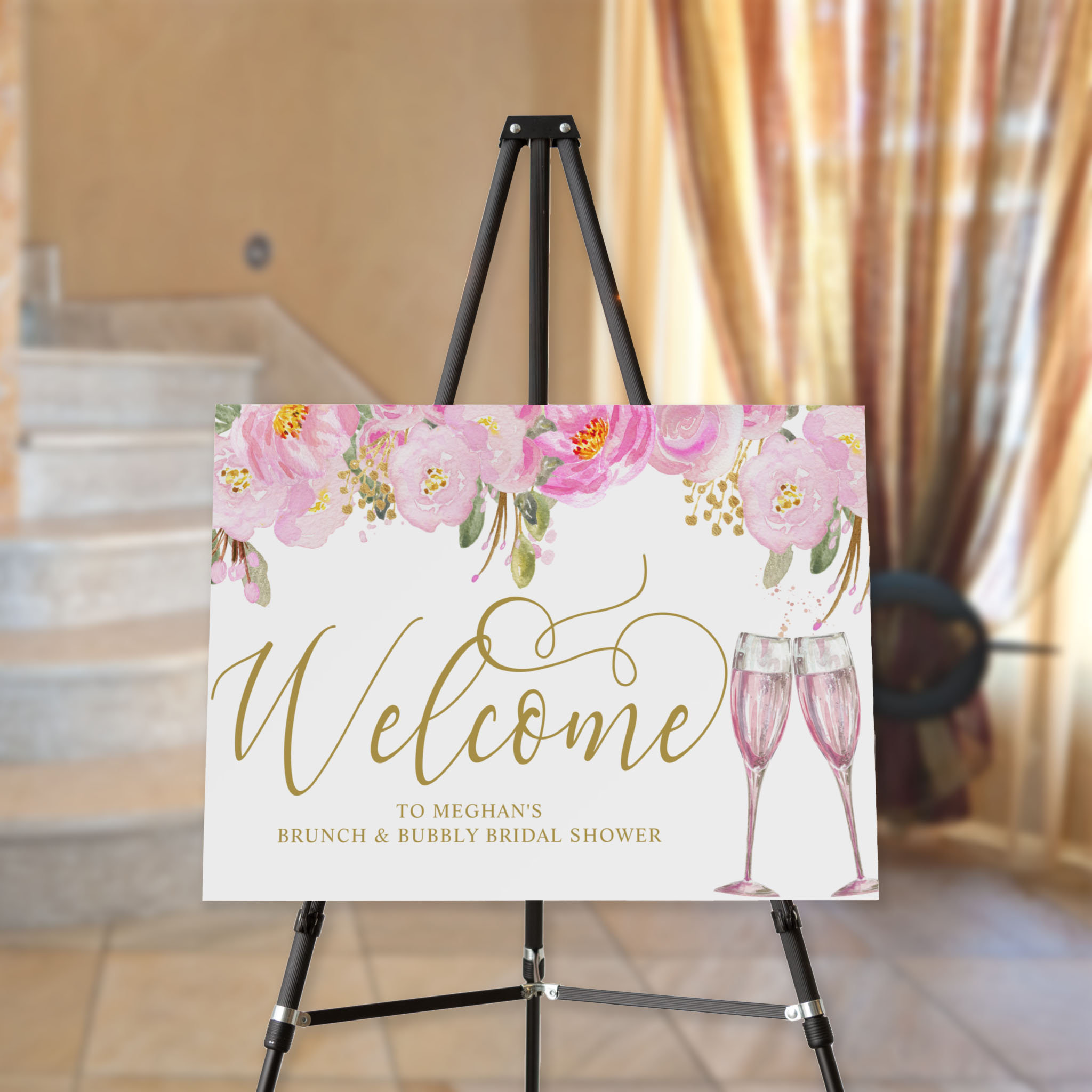 Gold Calligraphy Pink Floral Brunch Bubbly Welcome Foam Board